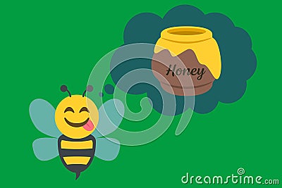 bee with face savouring delicious food and thought bubble with honey pot,emoji vector illustration Vector Illustration