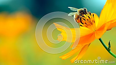 Honey bee and beautiful yellow flower, spring summer season, Wild nature landscape, banner, beauty in Nature Stock Photo