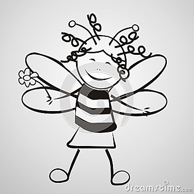 Bee with flower, girl, contour drawing, line art, eps. Vector Illustration