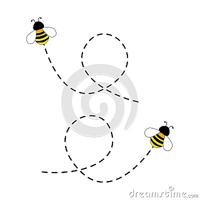 Bee flying on a dotted route isolated on the white background Vector Illustration