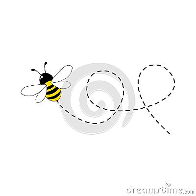 Bee flying on a dotted route isolated on the white background Vector Illustration