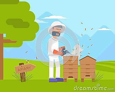 Bee fumigation, smoking flat vector illustration isolated on nature background Vector Illustration