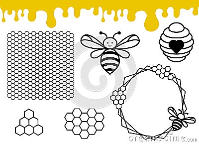 Bee hive and honeycomb pattern. Honey drips border. Vector Illustration