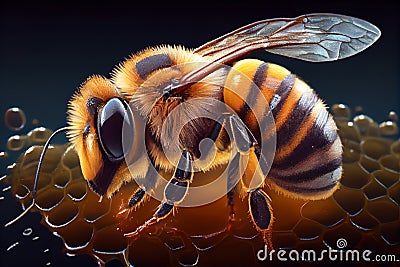 Bee on honey, honeybee macro. Realistic ilustration. Generative ai Stock Photo