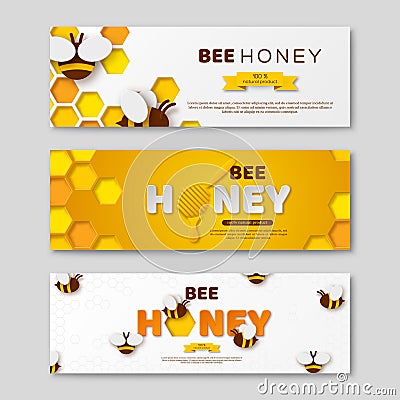 Bee honey horizontal banners with paper cut style letters, comb and bees, vector illustration. Vector Illustration