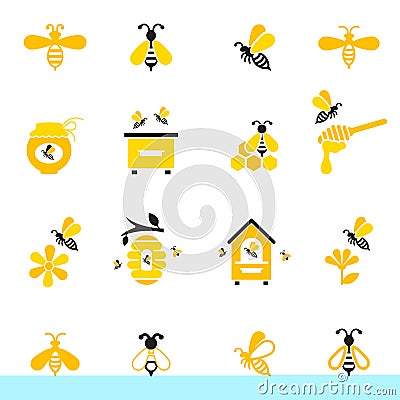 Bee and honey icon set. Vector Illustration