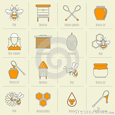 Bee honey icons flat line set Vector Illustration