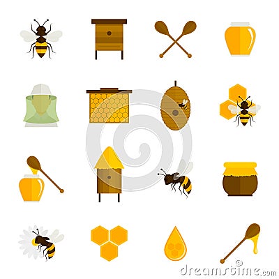 Bee honey icons flat set Vector Illustration