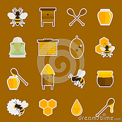 Bee honey icons stickers set Vector Illustration
