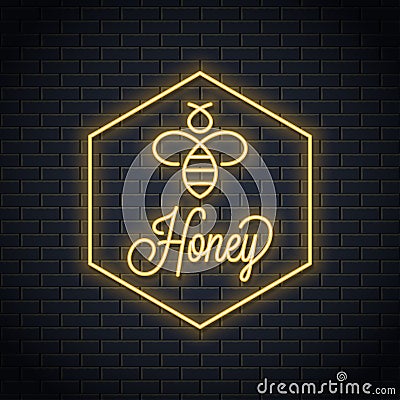 Bee honey neon logo. Honeycomb neon sign Vector Illustration