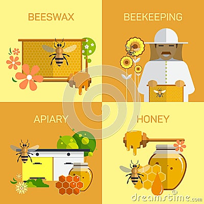 Bee honey organic farm concept. Vector illustration in flat style design. Insect, cell, honeycomb and beeswax. Vector Illustration