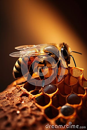 Detailed macro image of a bee collecting honey in a beehive generative ai. Bee on a honeycomb in a hive Stock Photo