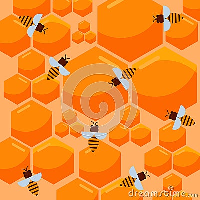 Bee and honeycomb vector pattern. Beekeeping and apiary theme with yellow honeycomb full of honey and cartoon bees. Bee Vector Illustration