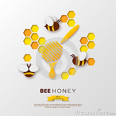 Bee with honeycombs and dipper, paper cut ctyle. Template design for beekiping and honey product. White background Vector Illustration