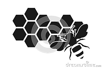 Bee icon or silhouette, honeycomb Vector Illustration