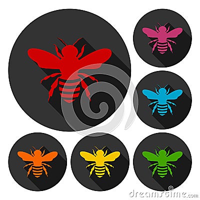 Bee icons set with long shadow Vector Illustration