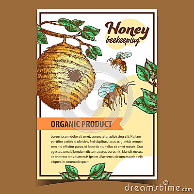 Bee Insect And Wild Beehive House Poster Vector Vector Illustration