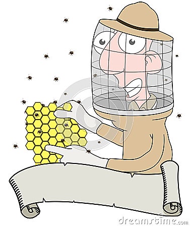 Bee keeper and Scroll Cartoon Illustration