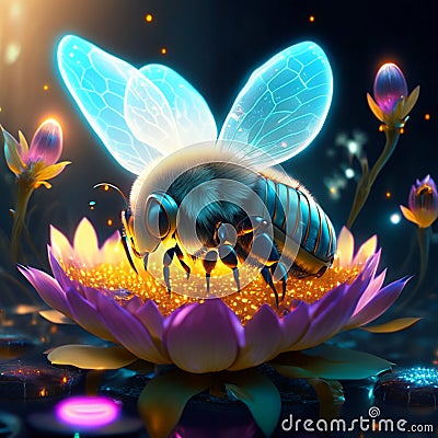 Bee on the lotus flower. 3d rendering. High quality illustration Generative AI Cartoon Illustration