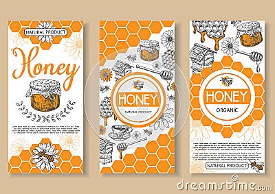 Bee natural honey vector hand drawn flyer set Vector Illustration