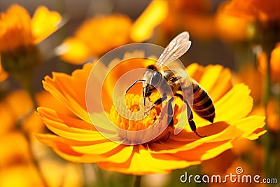 Bee nature honey blossom insect pollination flower orange beauty pollen Stock Photo