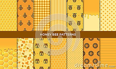 Bee pattern collection. Summer set. Cute flying bees flowers honey. Sweet honey background for beekeeping products. Vector Vector Illustration
