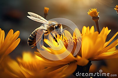 A bee perches on a vibrant flower, fulfilling its vital role as a pollinator in the ecosystem, Bees hovering above a stunning Stock Photo