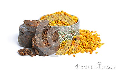 Bee pollen baskets with Propolis or bee glue. Isolated on white background Stock Photo