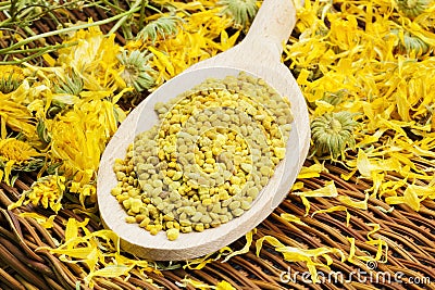 Bee pollen grains with dry yellow calendula around Stock Photo