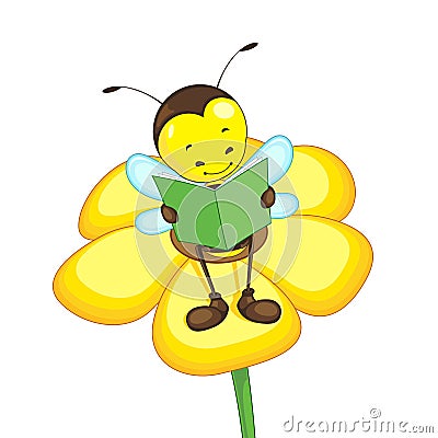 Bee Reading on Flower Vector Illustration
