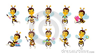 Bee in school. Animal character holding stationery and books. Incest with graduation scroll. Cartoon mascot of Vector Illustration