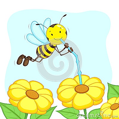 Bee sucking Honey from Flower Vector Illustration