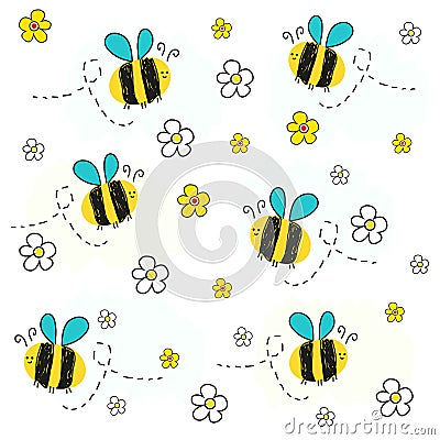 Bee vector with daisy flower. Spring pattern vector background Vector Illustration