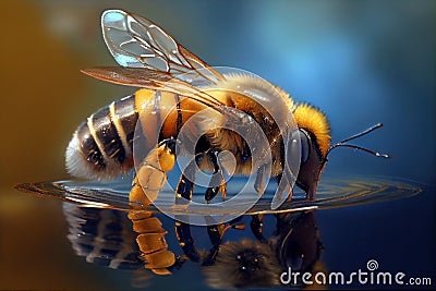 Bee on water, honeybee macro. Realistic ilustration. Generative ai Stock Photo