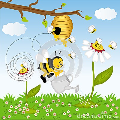 Bee watering flower in the forest Stock Photo