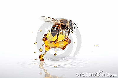 Bee on a white background with drips of honey, emphasizing the importance of bees in pollination and honey production. Ai Cartoon Illustration