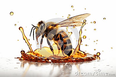 Bee on a white background with drips of honey, emphasizing the importance of bees in pollination and honey production. Ai Cartoon Illustration