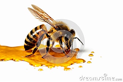 Bee on a white background with drips of honey, emphasizing the importance of bees in pollination and honey production. Ai Cartoon Illustration