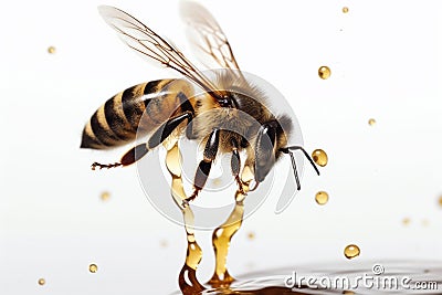 Bee on a white background with drips of honey, emphasizing the importance of bees in pollination and honey production. Ai Cartoon Illustration