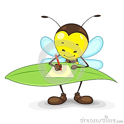 Bee Writing on Leaf Vector Illustration