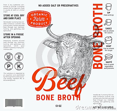 Beef Bone Broth Label Template. Abstract Vector Food Packaging Design Layout. Modern Typography with Hand Drawn Cow Face Vector Illustration