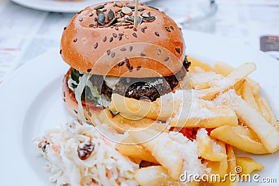 Beef burger with french-fried potatoes on white dish Stock Photo