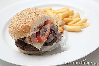 Beef burger with fries Stock Photo