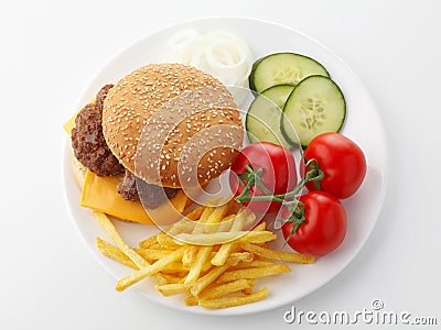 Beef Cheese Hamburger with French Fries Stock Photo