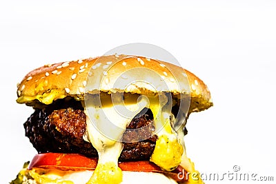 Beef cheeseburger with melting cheese. Tasty homemade cheeseburger isolated on white background Stock Photo