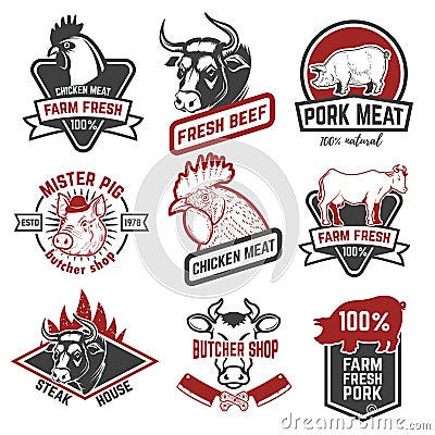 Beef, chicken, pork meat labels on white background. Design Vector Illustration