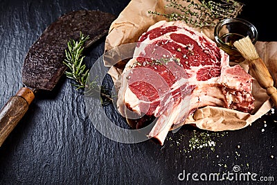 Beef cote de boeuf ribs slice and butcher knife Stock Photo