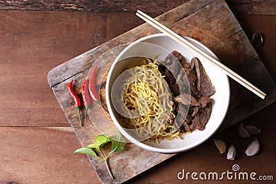 Beef dry noodles braised taste delicious at thailand. Stock Photo