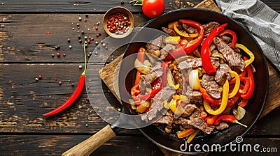 beef fajita and red hot pepper platter with copy space on wooden background, top view, poster Stock Photo