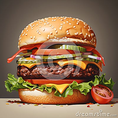A beef hamburger with vegetables and tomatoes. Stock Photo